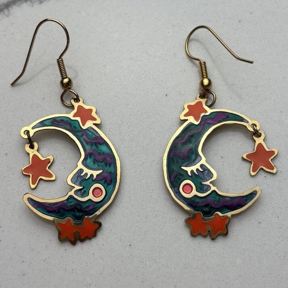 Vtg Two Hands Moon & Stars Dangling Earrings Celestial Whimsical Colorful Beribi